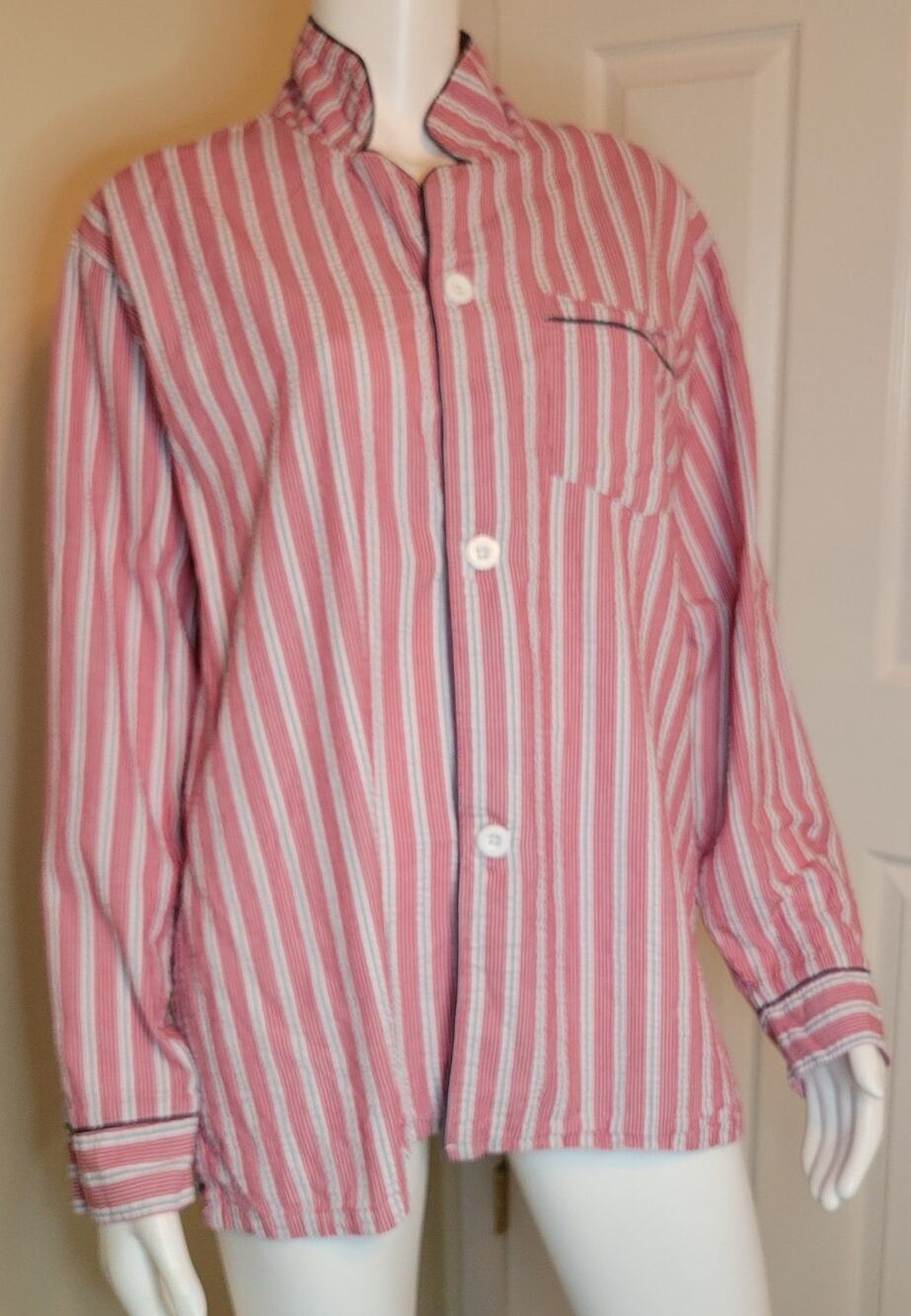 Vermont Country Store Seersucker Pajama Top Red White Gray Stripe Women Size L
